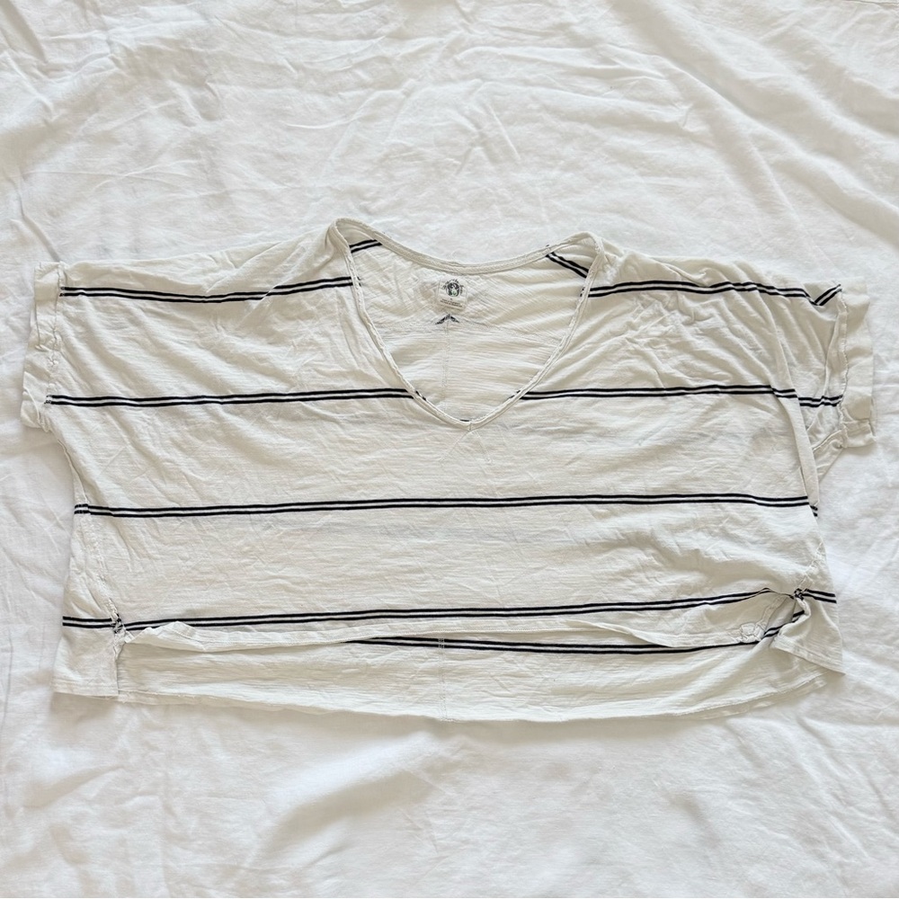 Free People Oversized V-Neck Cropped Shirt, Black Stripes on Off-White
